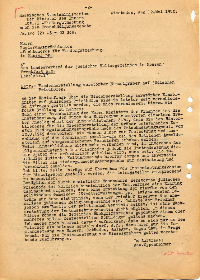 Schreiben  des Hessischen Ministers des Innern an den Landesverband der jüdischen Kultusgemeinden in Hessen. Wiederherstellung zerstörter Einzelgräber auf jüdischen Friedhöfen, 12. Mai 1950