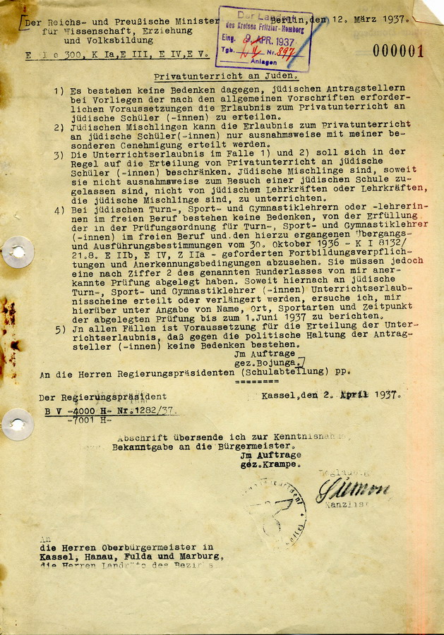 Schreiben des Reichs- und Preußischen Ministers für Wissenschaft, Erziehung und Volksbildung an die Regierungspräsidenten. Erteilung von Privatunterricht an Juden, 12. März 1937