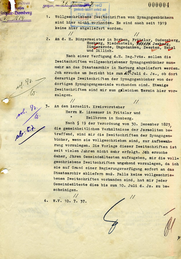 Schreiben des Regierungspräsidenten in Kassel an den Landrat in Fritzlar. Zweitschriften der Synagogenbücher sollen zur Aufbewahrung an den Landrat gegeben werden, 22. Juni 1937