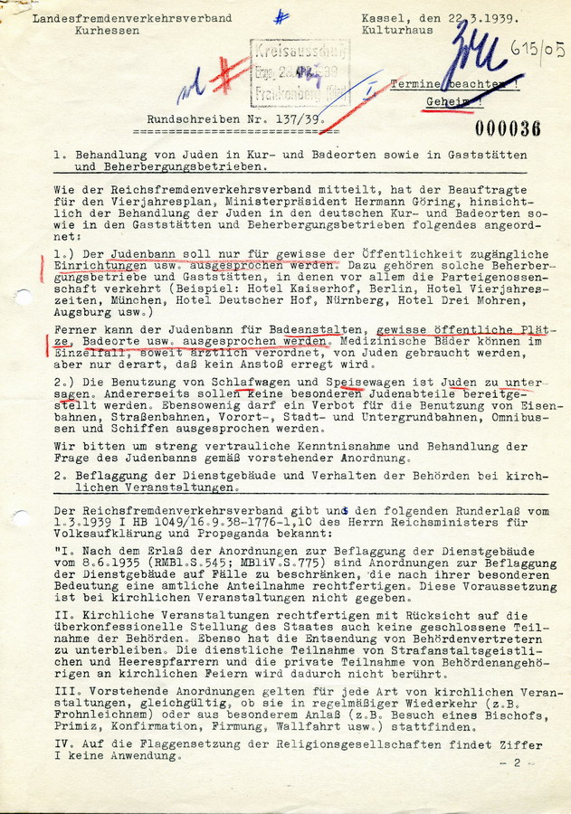 Rundschreiben des Landesfremdenverkehrverbands Kurhessen in Kassel an den Kreisausschuß in Frankenberg. Juden werden von der Benutzung öffentlicher Einrichtungen ausgeschlossen, 22. März 1939