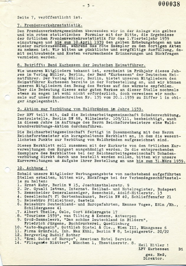 Rundschreiben des Landesfremdenverkehrverbands Kurhessen in Kassel an den Kreisausschuß in Frankenberg. Juden werden von der Benutzung öffentlicher Einrichtungen ausgeschlossen, 22. März 1939