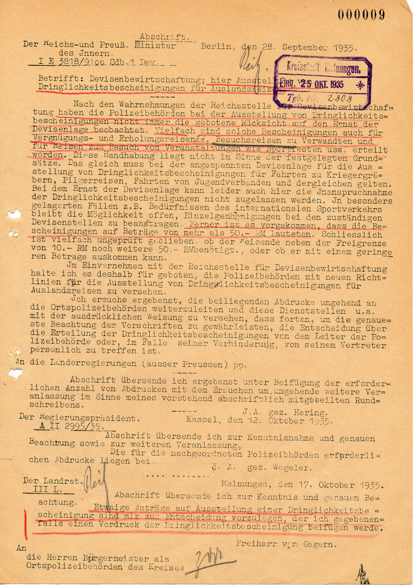 Schreiben des Reichs- und Preuß. Ministers des Innern betreffend Ausstellung von Dringlichkeitsbescheinigungen für Auslandsreisen und Devisenlage, 28. September 1935.