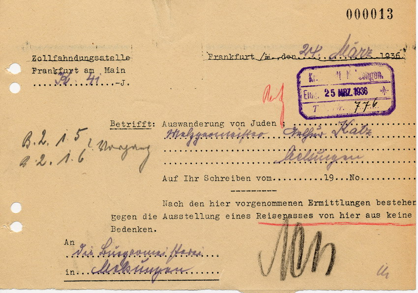 Schreiben der Zollfahndungsstelle in Frankfurt/Main an den Bürgermeister in Melsungen betreffend Ausstellung eines Reisepasses für Arthur Katz, 24. März 1936.