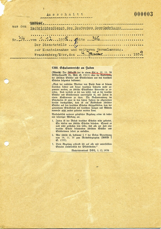 Ausschnitt aus dem Nachrichtendienst des Deutschen Gemeindetages, protokolliert vom Landrat in Frankenberg. "Entfernung" jüdischer Schüler aus öffentlichen Schulen, 1. Dezember 1938