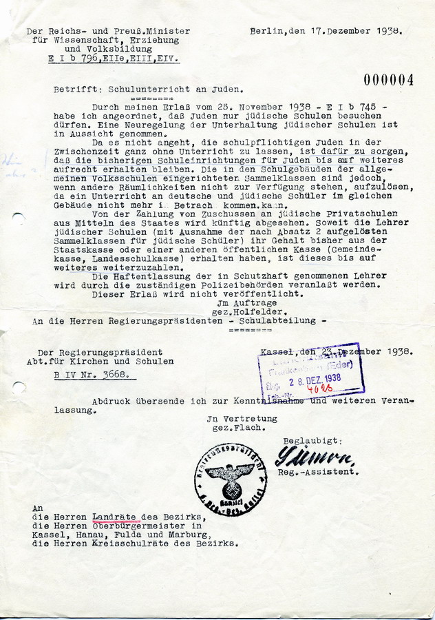 Schreiben des Reichs- und Preußischen Ministers für Wissenschaft, Erziehung und Volksbildung an die Regierungspräsidenten. Schulunterricht für Juden soll fortgesetzt werden, 17. Dezember 1938