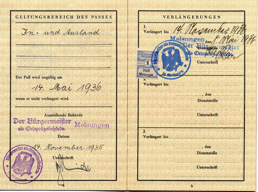 Reisepass von Arthur Katz, gültig vom 14. November 1935 bis 14. November 1936.
