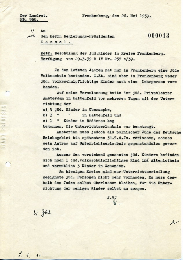 Schreiben des Landrats in Frankenberg an den Regierungspräsidenten in Kassel. Beschulung der jüdischen Kinder ist nicht möglich, 26. Mai 1939