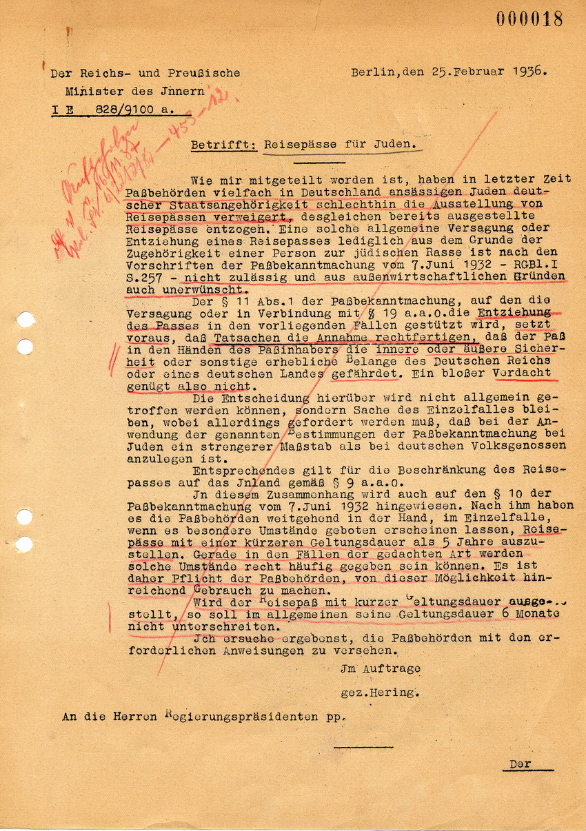Runderlass des Reichs- und Preuß. Ministers des Innern betreffend Ausstellung von Reisepässen an Juden, 25. Februar 1936.