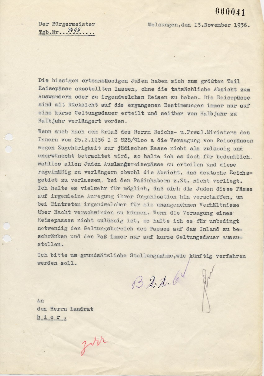 Schreiben des Bürgermeisters von Melsungen an den Landrat in Melsungen betreffend Ausstellung von Reisepässen an Juden, die nicht beabsichtigen zu verreisen, 13. November 1936.