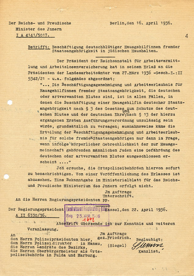 Schreiben des Reichs- und Preußischen Minister des Innern an die Regierungspräsidenten. Nach dem Rassengesetz definierte Deutsche dürfen von "Juden" nicht als Hausangestellte beschäftigt werden, 16. April 1936