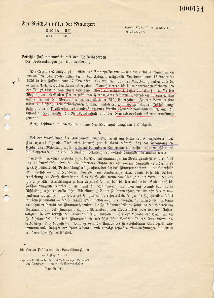 Schreiben des Reichsministers der Finanzen an die Präsidenten der Landesfinanzämter betreffend Benachrichtigung bei Auswanderungsvorbereitungen und Vordrucke für die örtlichen Polizeibehörden, 29. Dezember 1936.
