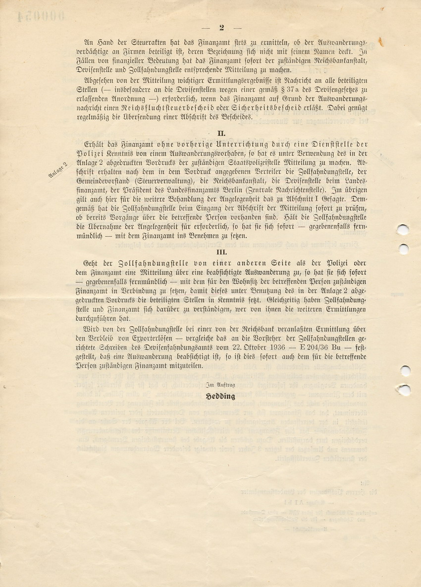 Schreiben des Reichsministers der Finanzen an die Präsidenten der Landesfinanzämter betreffend Benachrichtigung bei Auswanderungsvorbereitungen und Vordrucke für die örtlichen Polizeibehörden, 29. Dezember 1936.