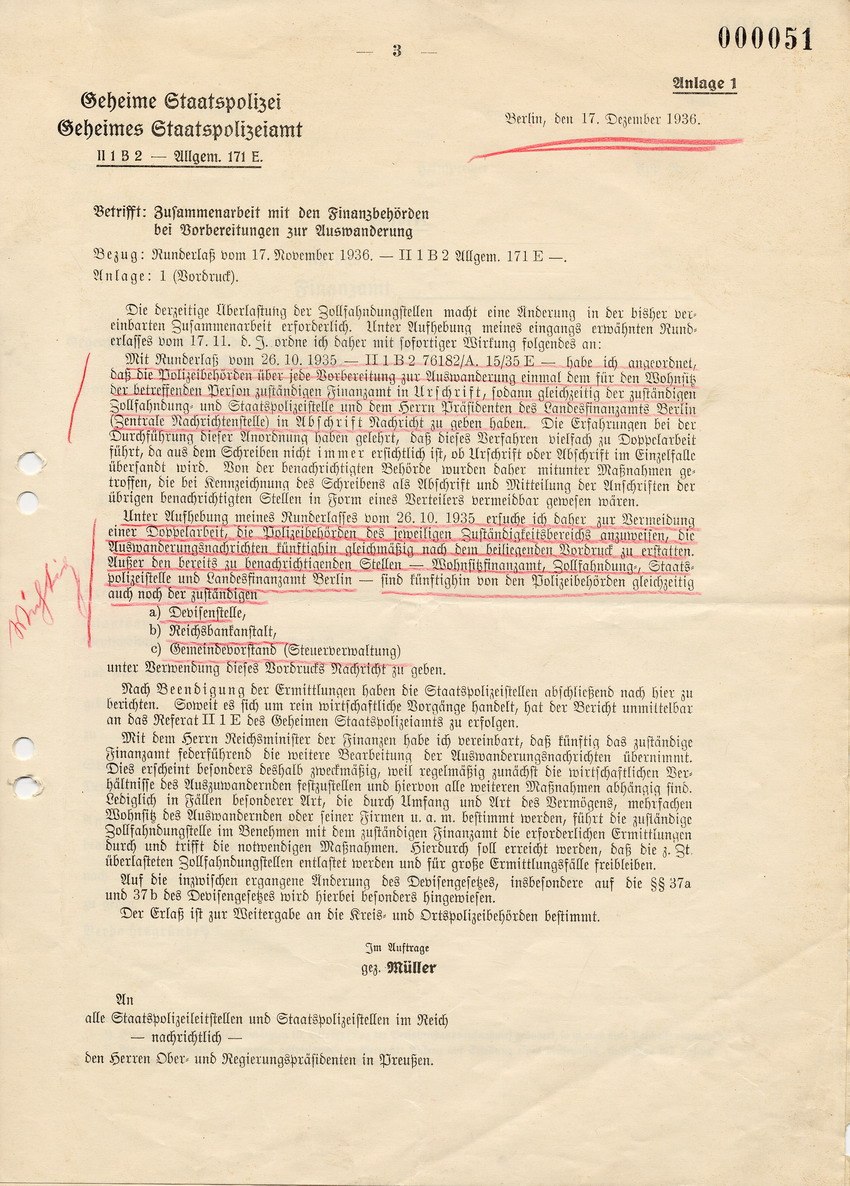 Schreiben des Reichsministers der Finanzen an die Präsidenten der Landesfinanzämter betreffend Benachrichtigung bei Auswanderungsvorbereitungen und Vordrucke für die örtlichen Polizeibehörden, 29. Dezember 1936.