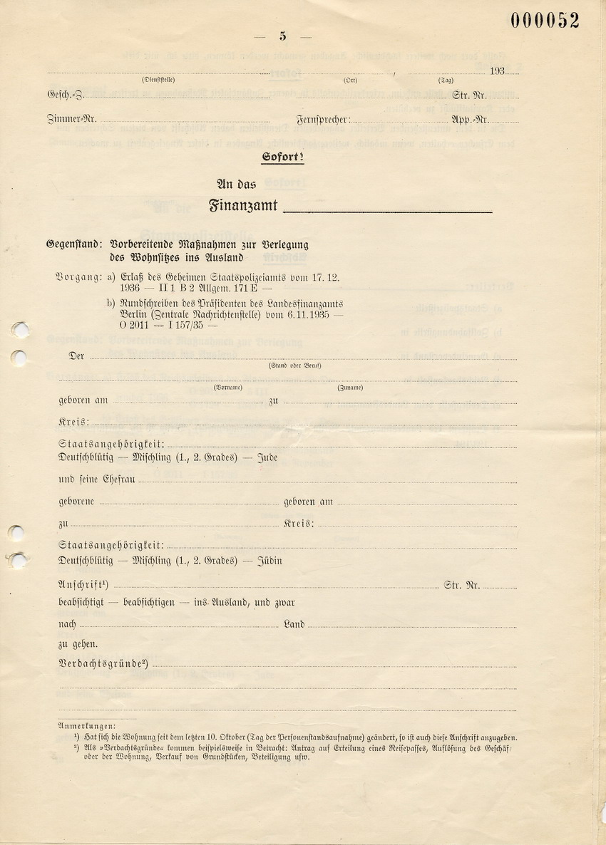Schreiben des Reichsministers der Finanzen an die Präsidenten der Landesfinanzämter betreffend Benachrichtigung bei Auswanderungsvorbereitungen und Vordrucke für die örtlichen Polizeibehörden, 29. Dezember 1936.