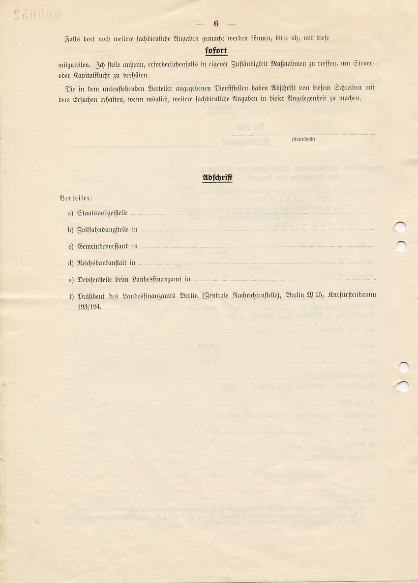 Schreiben des Reichsministers der Finanzen an die Präsidenten der Landesfinanzämter betreffend Benachrichtigung bei Auswanderungsvorbereitungen und Vordrucke für die örtlichen Polizeibehörden, 29. Dezember 1936.