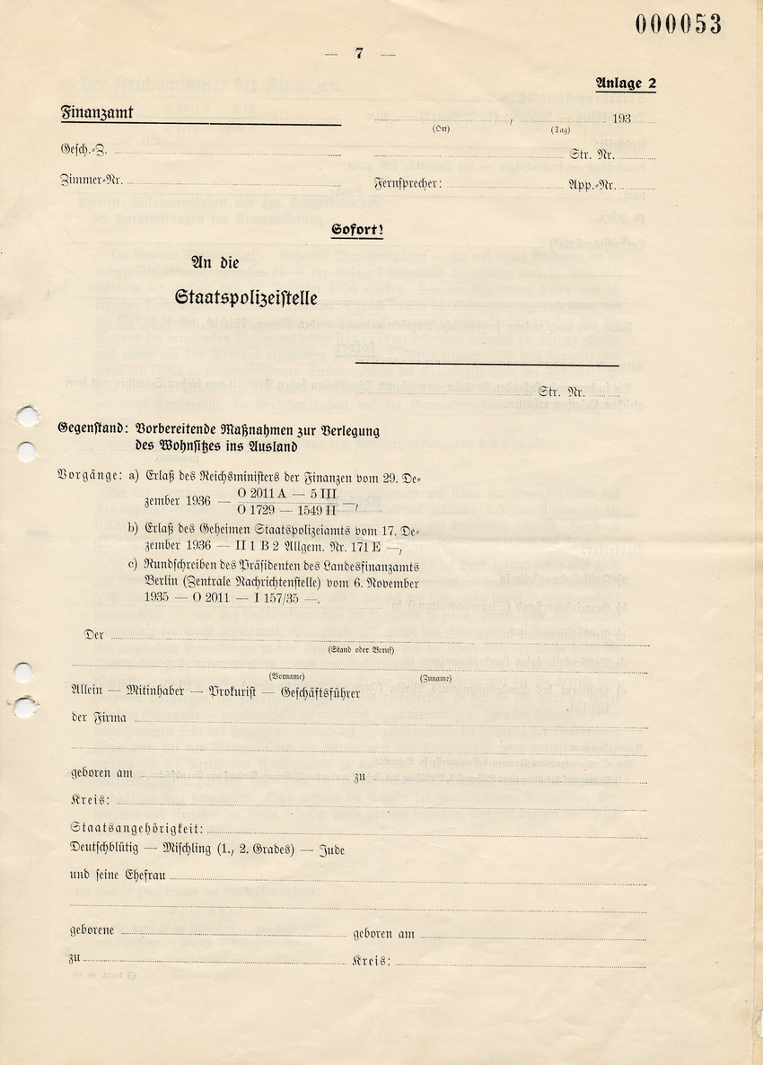 Schreiben des Reichsministers der Finanzen an die Präsidenten der Landesfinanzämter betreffend Benachrichtigung bei Auswanderungsvorbereitungen und Vordrucke für die örtlichen Polizeibehörden, 29. Dezember 1936.