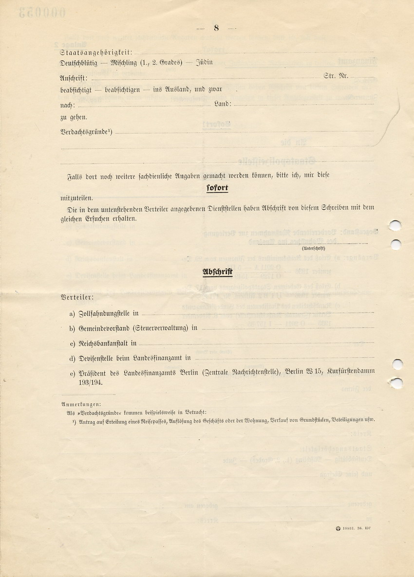 Schreiben des Reichsministers der Finanzen an die Präsidenten der Landesfinanzämter betreffend Benachrichtigung bei Auswanderungsvorbereitungen und Vordrucke für die örtlichen Polizeibehörden, 29. Dezember 1936.