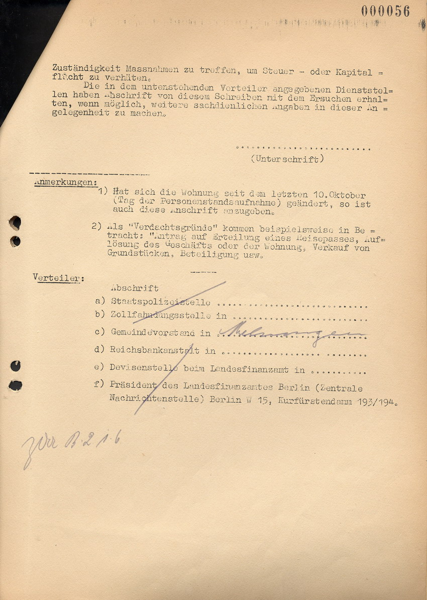 Vom Melsunger Bürgermeister ausgestelltes Formular für das Finanzamt Melsungen betreffend Auswanderung von Berta Katz, 12. Mai 1937.