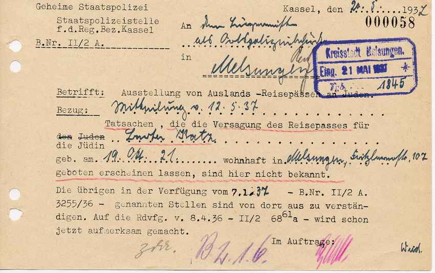 Schreiben der Staatspolizeistelle für den Regierungsbezirk Kassel betreffend Ausstellung eines Reisepasses für das Ausland für Berta Katz, 20. Mai 1937.