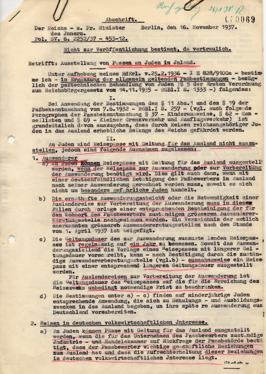 Runderlass des Reichs- u. Preuß. Ministers des Innern betreffend Ausstellung von Pässen an Juden im Inland, 16. November 1937.