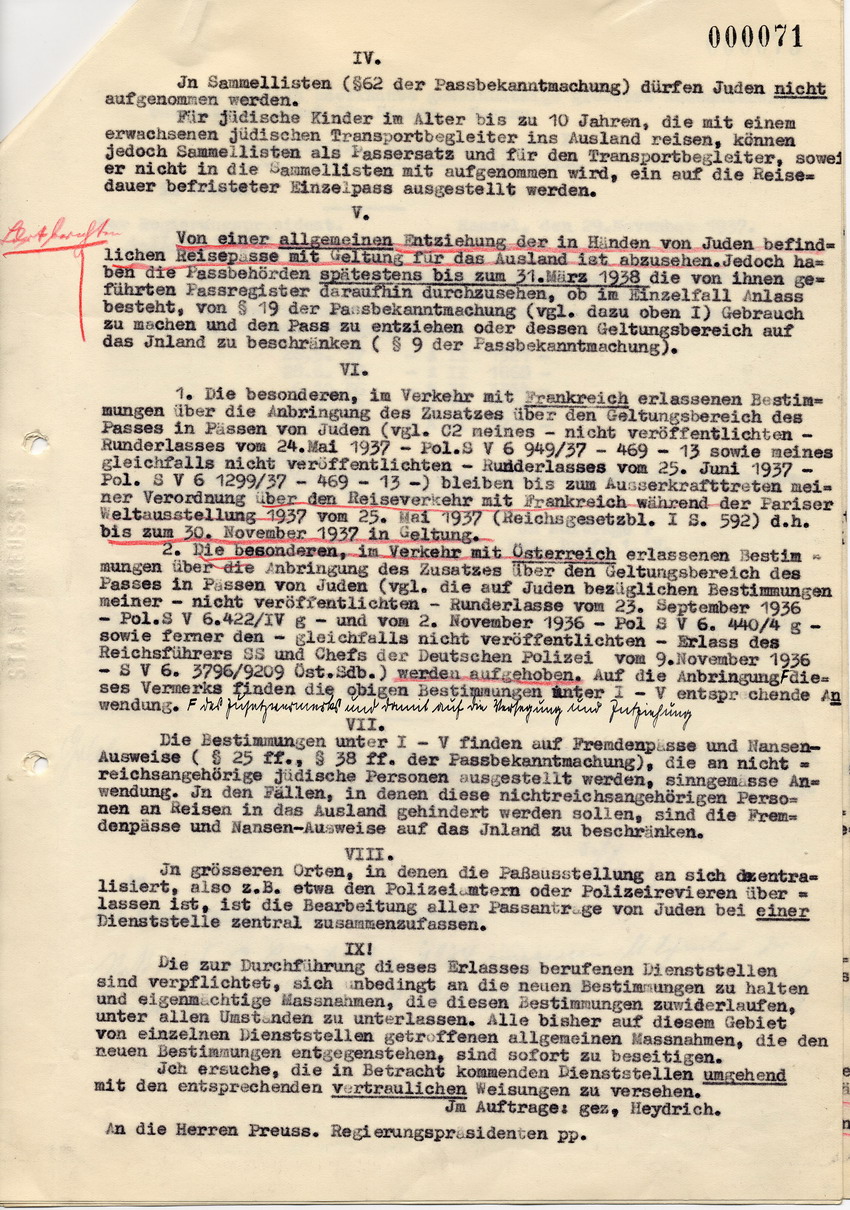Runderlass des Reichs- u. Preuß. Ministers des Innern betreffend Ausstellung von Pässen an Juden im Inland, 16. November 1937.