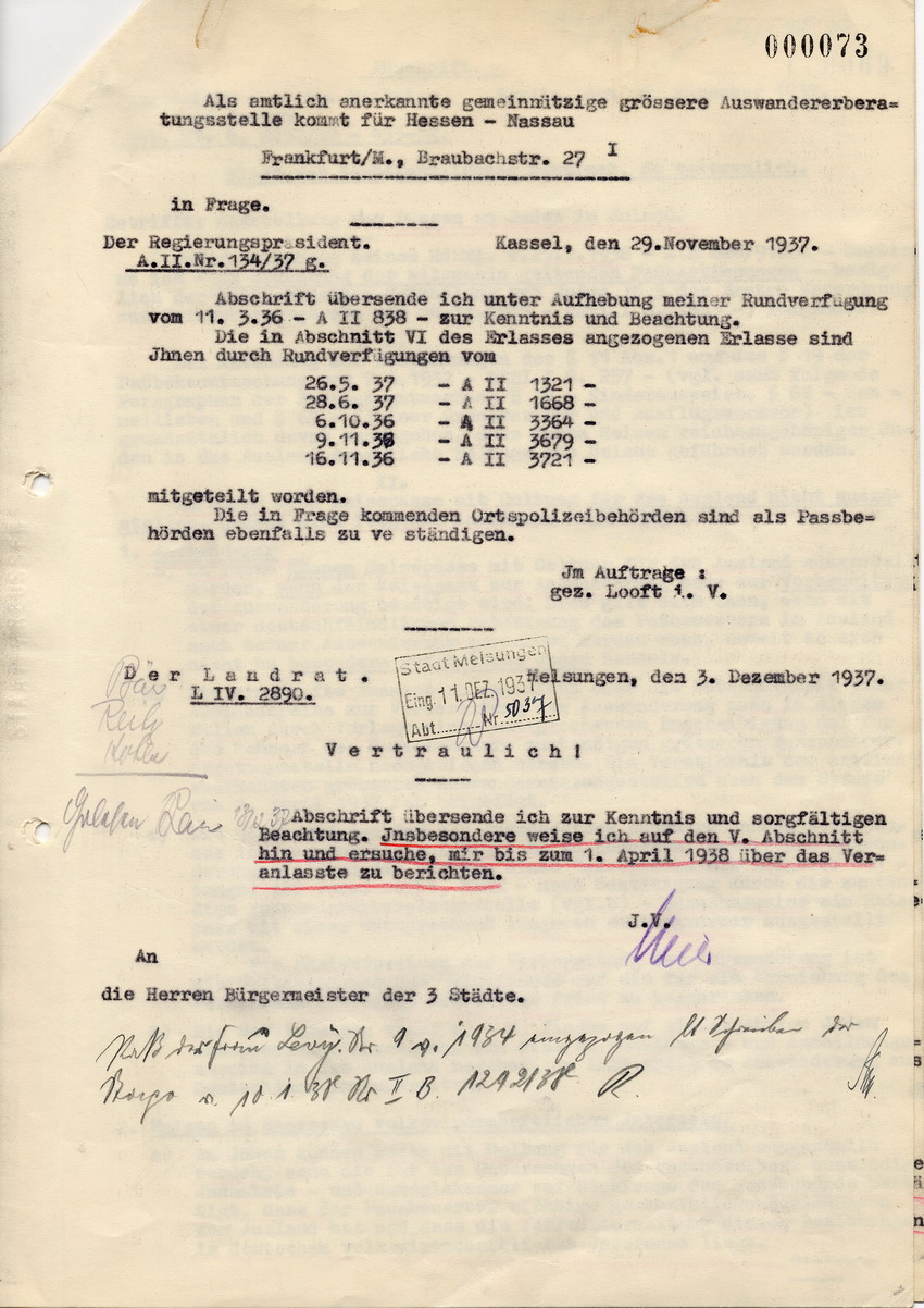 Runderlass des Reichs- u. Preuß. Ministers des Innern betreffend Ausstellung von Pässen an Juden im Inland, 16. November 1937.