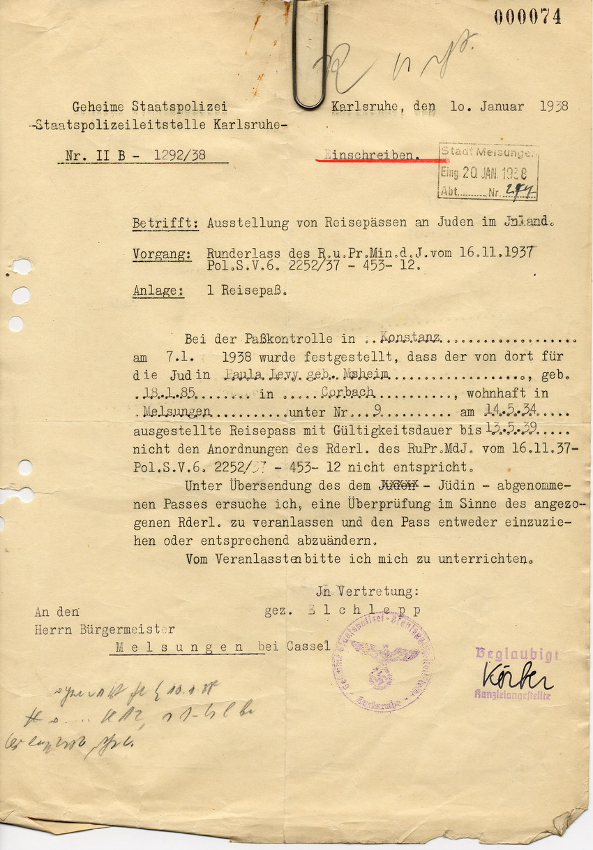 Einschreiben der Staatspolizeileitstelle Karlsruhe betreffend Überprüfung des Reisepasses von Paula Levy, 10. Januar 1938.