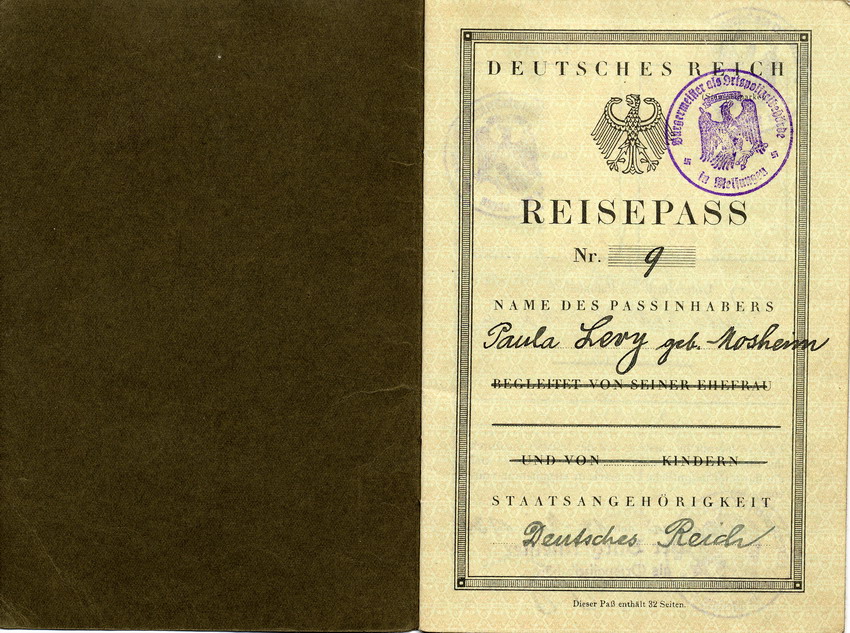 Reisepass von Paula Levy, gültig vom 14. Mai 1934 bis 13. Mai 1939.