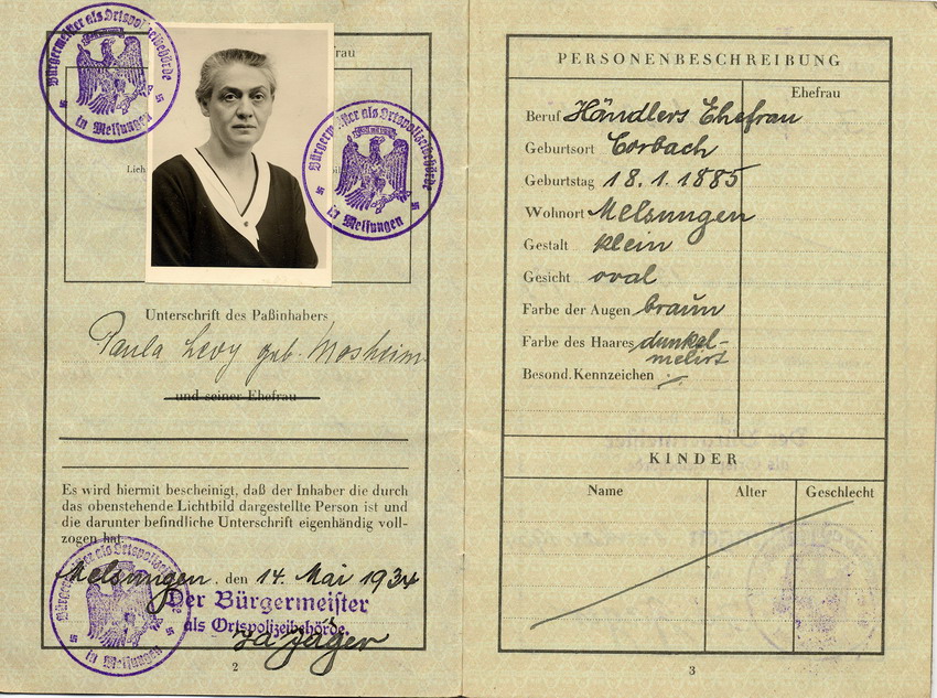 Reisepass von Paula Levy, gültig vom 14. Mai 1934 bis 13. Mai 1939.