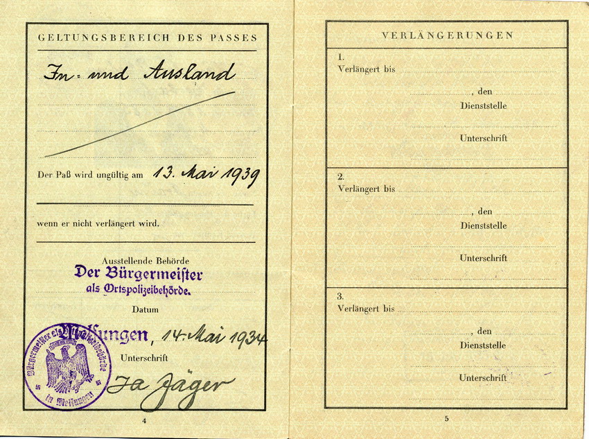 Reisepass von Paula Levy, gültig vom 14. Mai 1934 bis 13. Mai 1939.