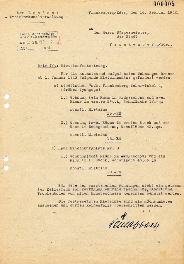 Schreiben des Landrats in Frankenberg an den Bürgermeister in Frankenberg. Mietzinsfestsetzung für Wohnungen in der ehemaligen Synagoge, 16. Februar 1942