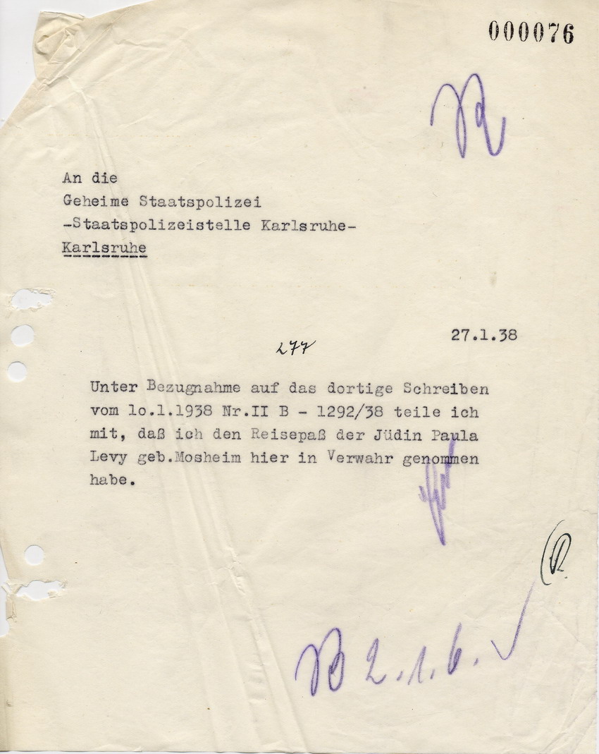 Schreiben des Bürgermeisters von Melsungen an die Staatspolizeileitstelle Karlsruhe betreffend Verwahrung des Reisepasses von Paula Levy, 27. Januar 1938.