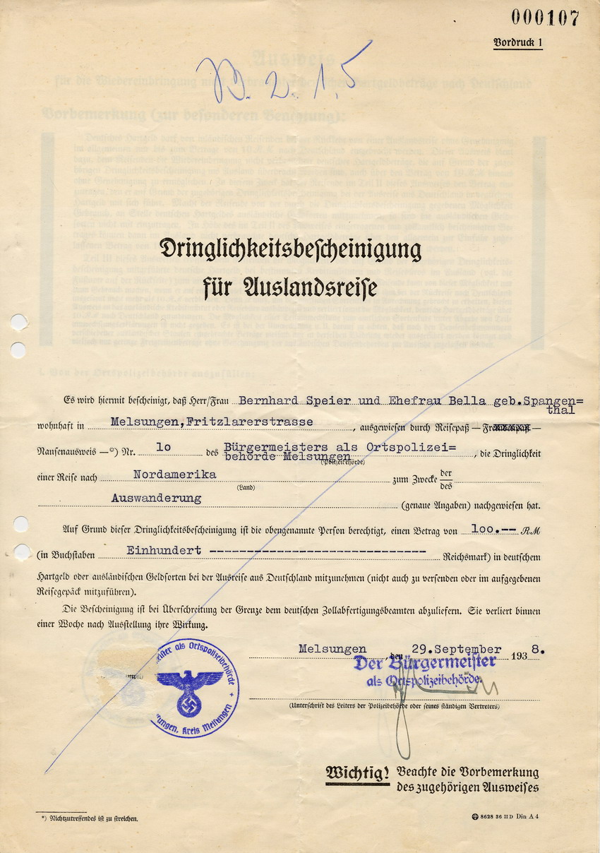 "Dringlichkeitsbescheinigung" betreffend Auswanderung von Bernhard und Bella Speier nach Nordamerika, 29. September 1938.
