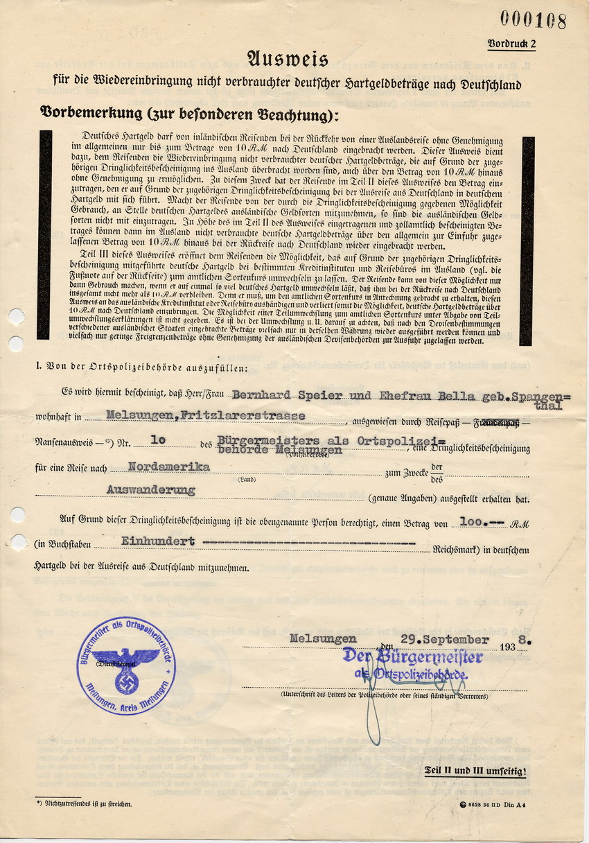 "Dringlichkeitsbescheinigung" betreffend Auswanderung von Bernhard und Bella Speier nach Nordamerika, 29. September 1938.