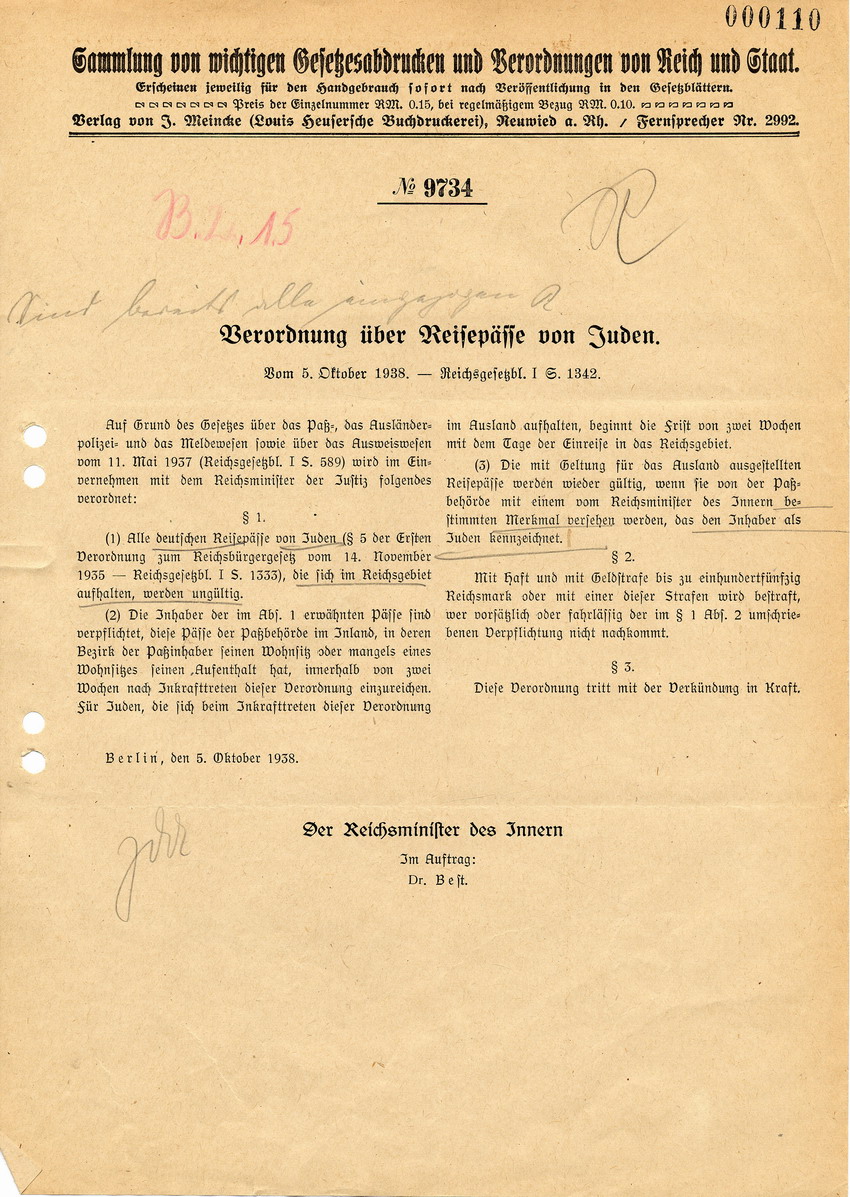 Verordnung des Reichsministers des Innern betreffend Reisepässe von Juden, 5. Oktober 1938.