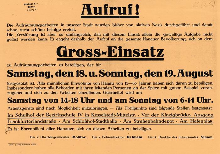 Bild zum Dokument Plakate: Anschläge zum Trümmereinsatz in Hanau.