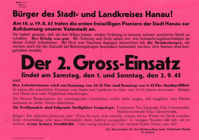 Bild zum Dokument Plakate: Anschläge zum Trümmereinsatz in Hanau.