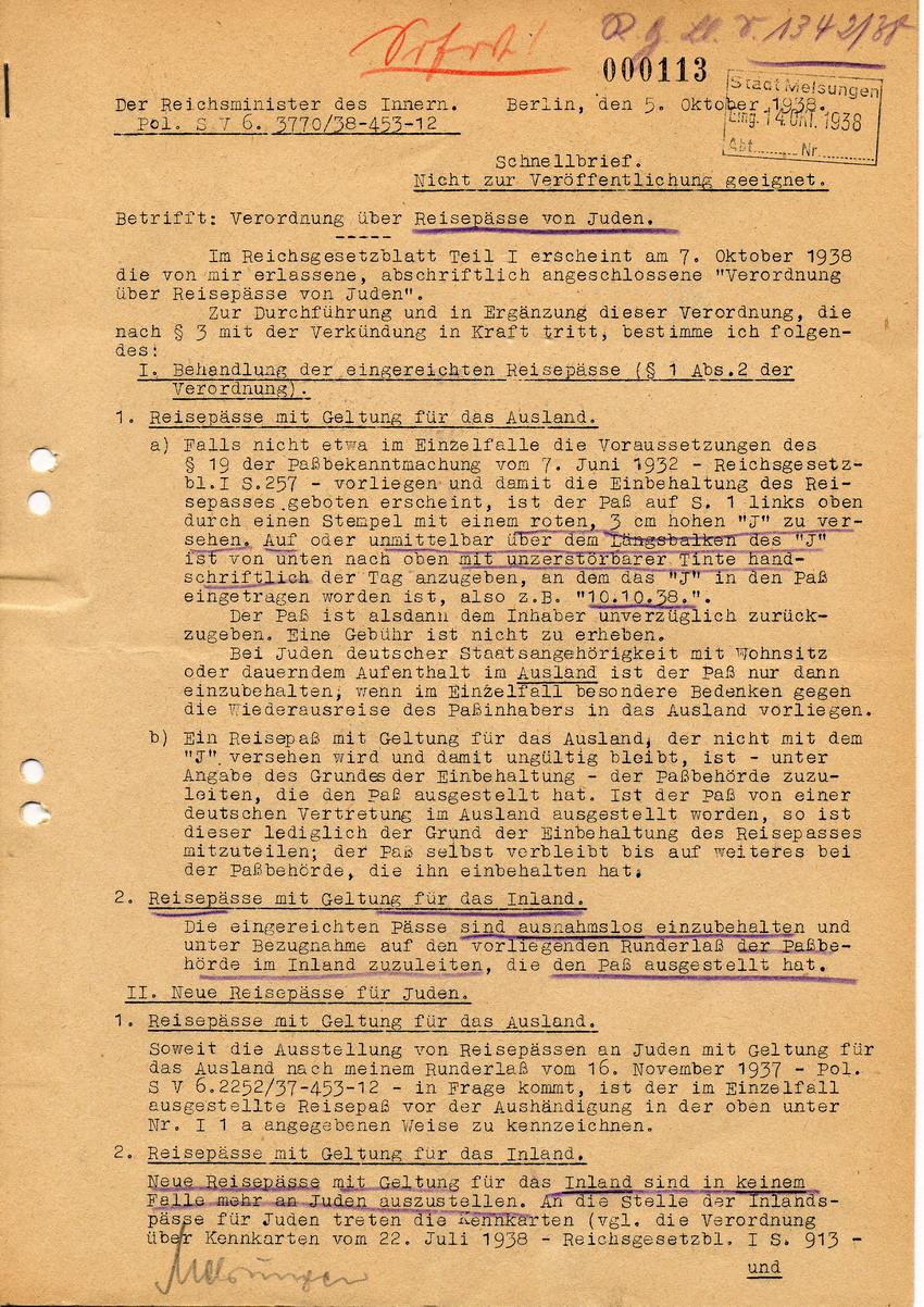 Schnellbrief des Reichsministers des Innern betreffend Behandlung der eingereichten Reisepässe von Juden, 5. Oktober 1938.