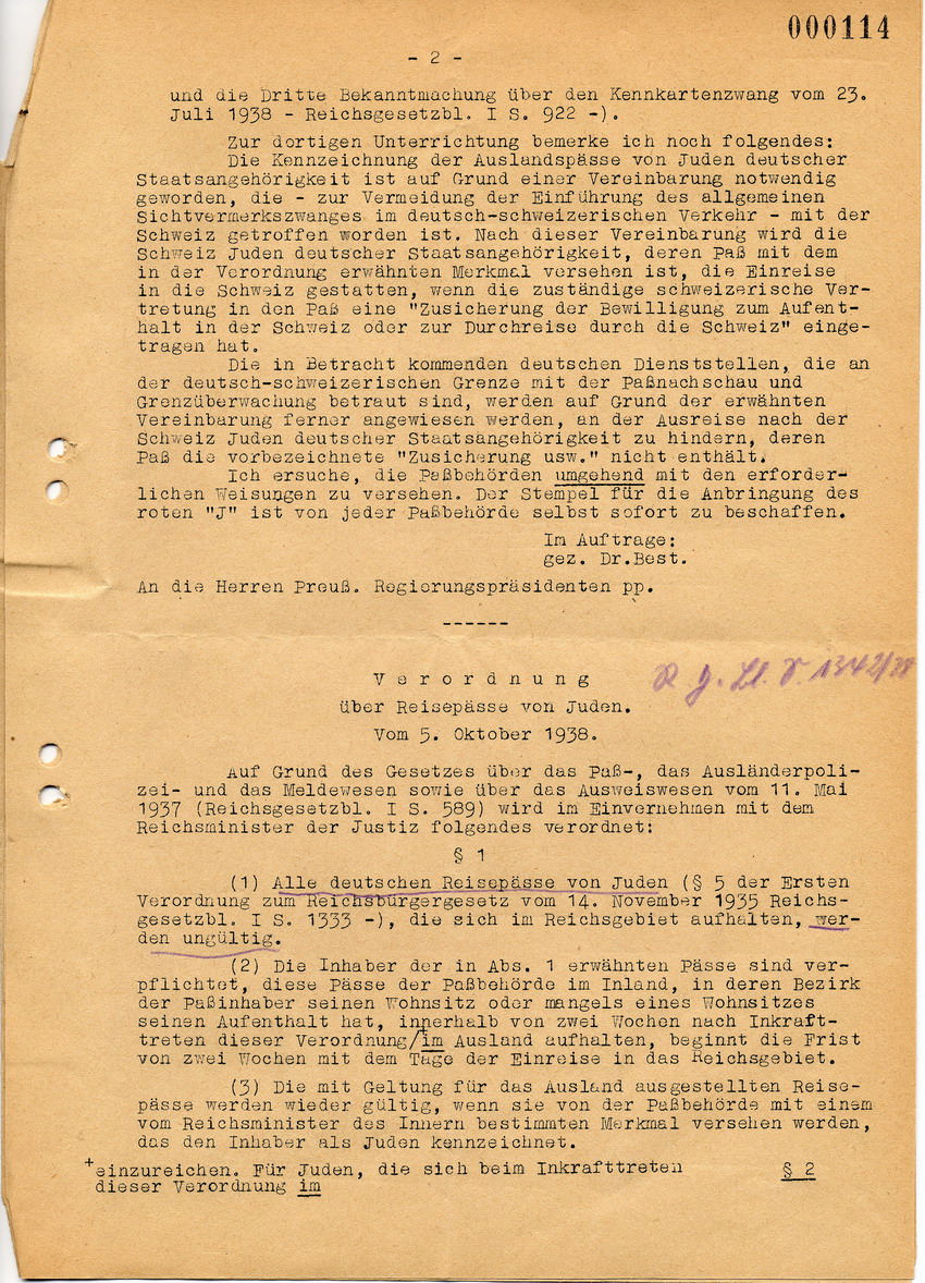 Schnellbrief des Reichsministers des Innern betreffend Behandlung der eingereichten Reisepässe von Juden, 5. Oktober 1938.