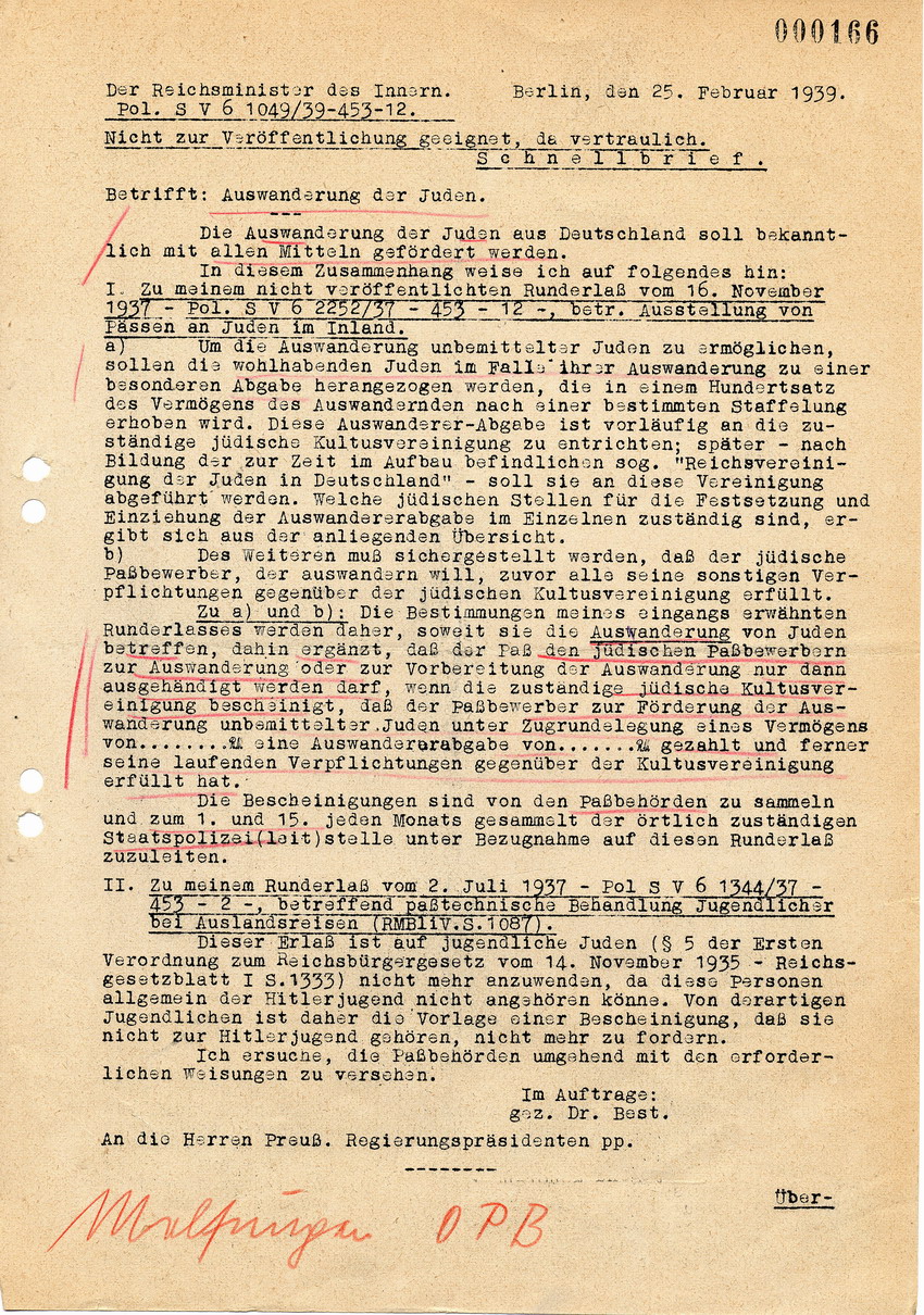 Vertraulicher Schnellbrief des Reichsministers des Innern betreffend "Auswanderung" von Juden, 25. Februar 1939.