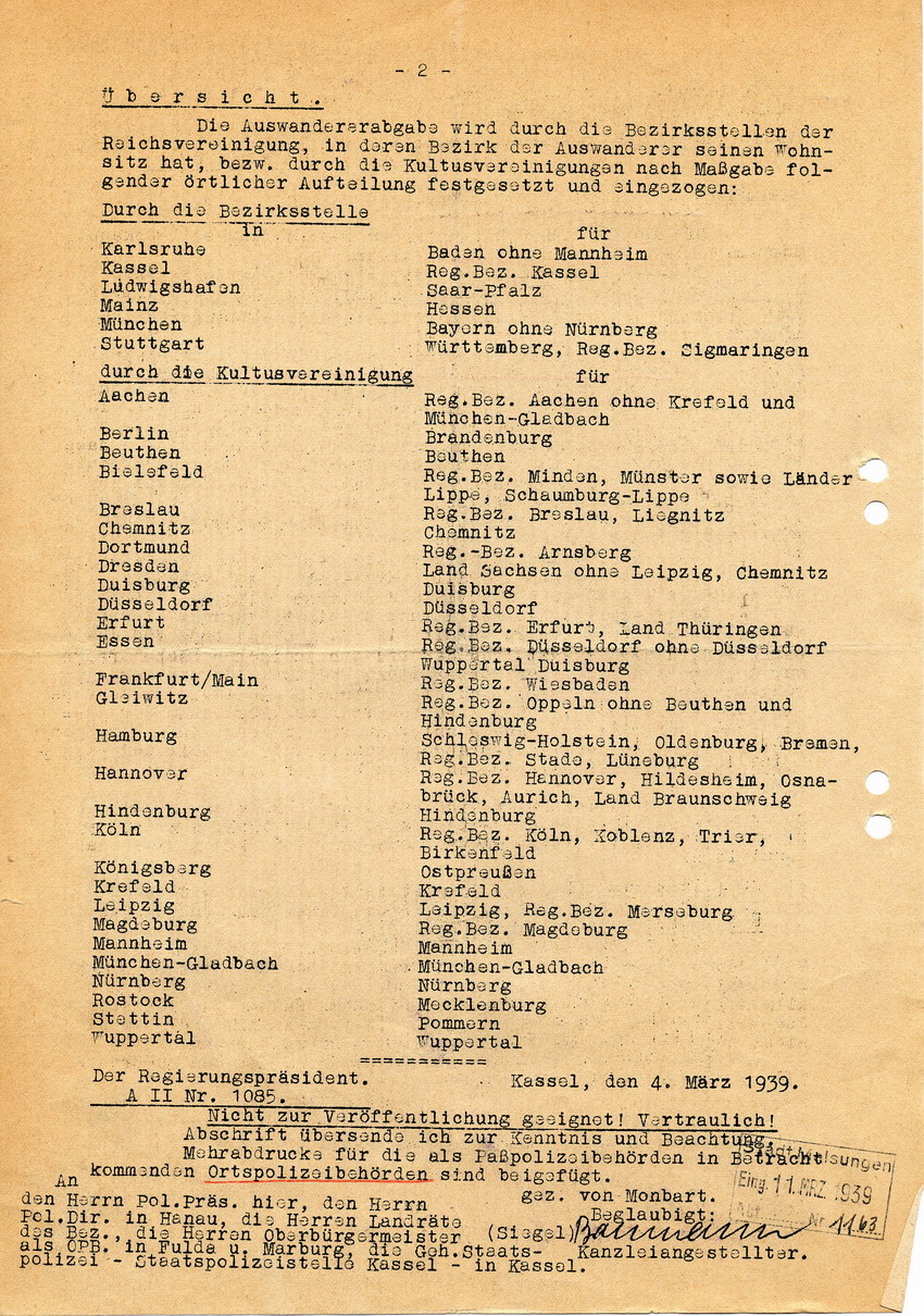 Vertraulicher Schnellbrief des Reichsministers des Innern betreffend "Auswanderung" von Juden, 25. Februar 1939.