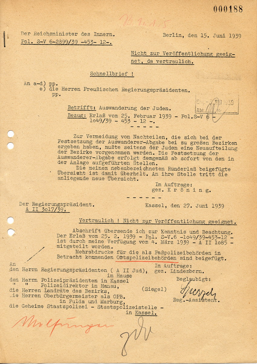 Vertraulicher Schnellbrief des Reichsministers des Innern betreffend "Auswanderer-Abgabe", 15. Juni 1939.