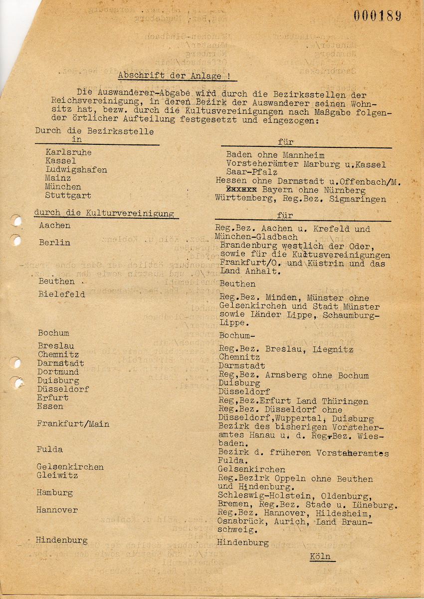 Vertraulicher Schnellbrief des Reichsministers des Innern betreffend "Auswanderer-Abgabe", 15. Juni 1939.