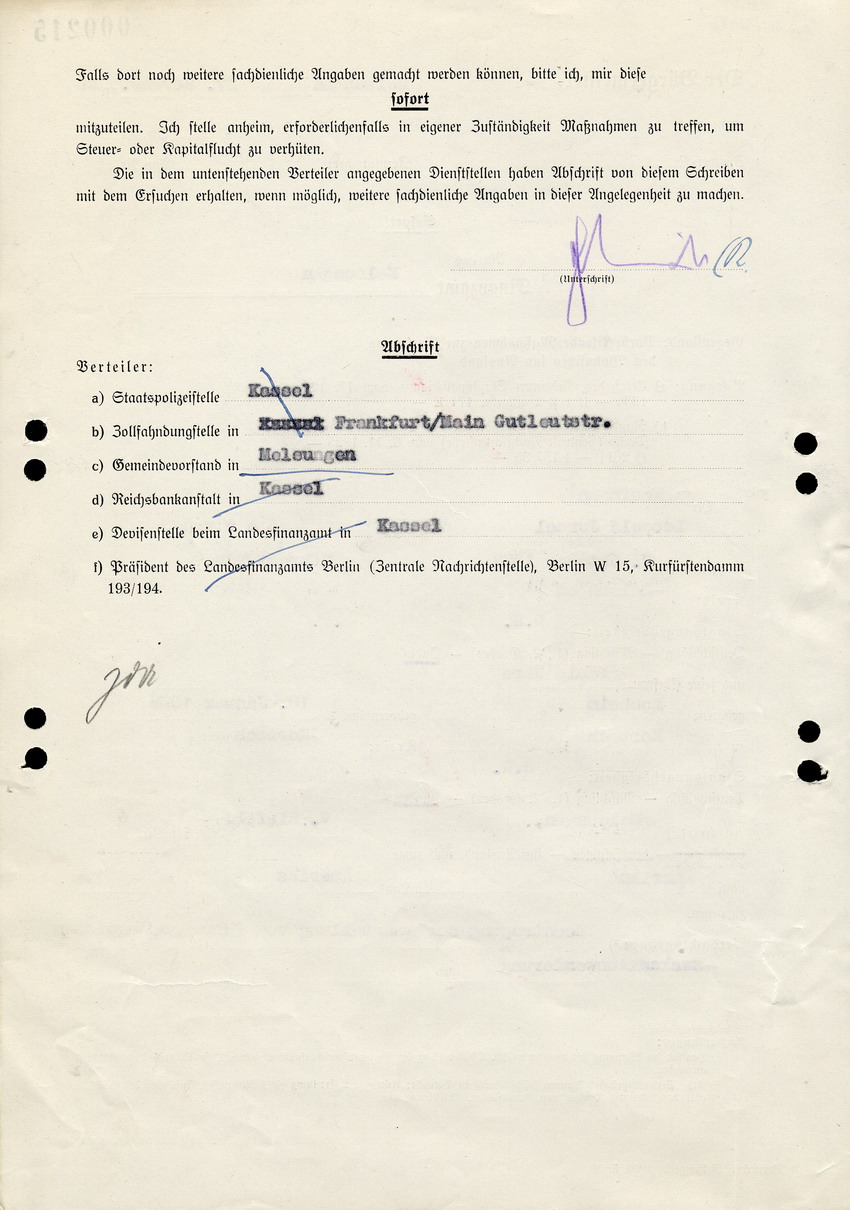 Vom Melsunger Bürgermeister ausgestelltes Formular für das Finanzamt Melsungen betreffend Auswanderung des jüdischen Ehepaares Leopold und Paula Levy, 27. November 1940.