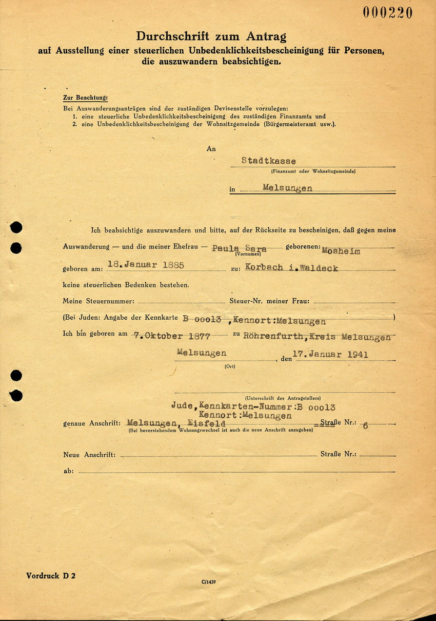 Vom Melsunger Bürgermeister ausgestellter Antrag für die Stadtkasse in Melsungen betreffend "steuerliche Unbedenklichkeitsbescheinigung für die Auswanderung vorbereitende Personen", 17. Januar 1941.