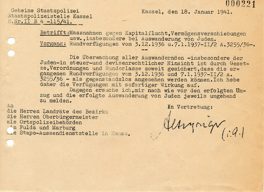 Schreiben der Staatspolizeistelle für den Regierungsbezirk Kassel betreffend Aufhebung der Rundverfügungen vom 3. Dezember 1936 und 7. Januar 1937, 18. Januar 1941.