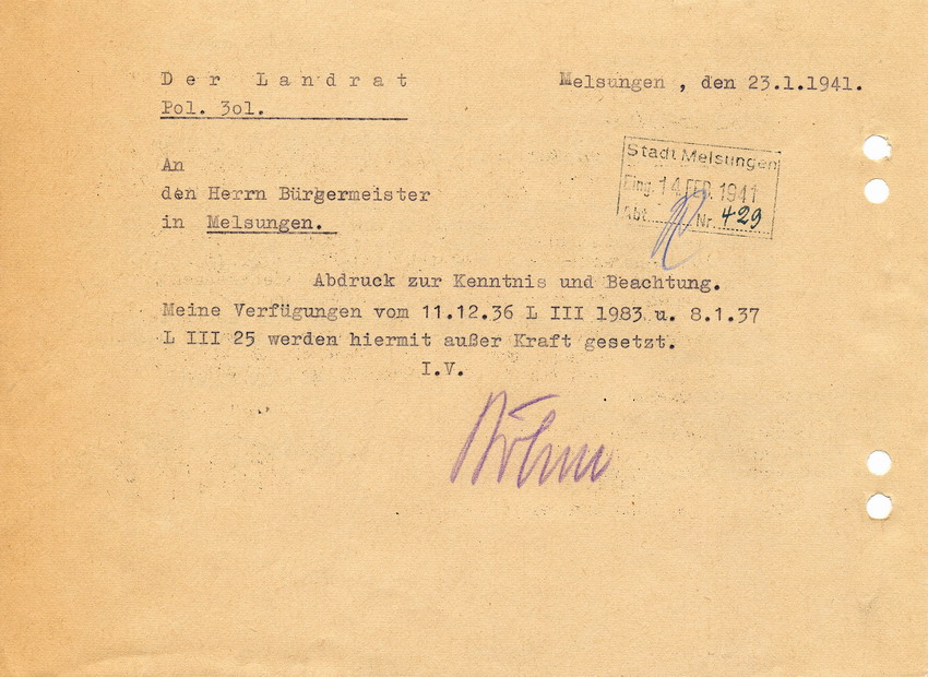Schreiben der Staatspolizeistelle für den Regierungsbezirk Kassel betreffend Aufhebung der Rundverfügungen vom 3. Dezember 1936 und 7. Januar 1937, 18. Januar 1941.