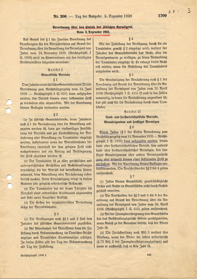 Verordnung über den Einsatz des jüdischen Vermögens, verfasst von Reichswirtschaftsminister Walther Funk und Reichsminister des Innern Frick, 3. Dezember 1938