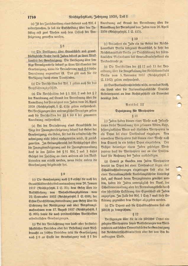 Verordnung über den Einsatz des jüdischen Vermögens, verfasst von Reichswirtschaftsminister Walther Funk und Reichsminister des Innern Frick, 3. Dezember 1938
