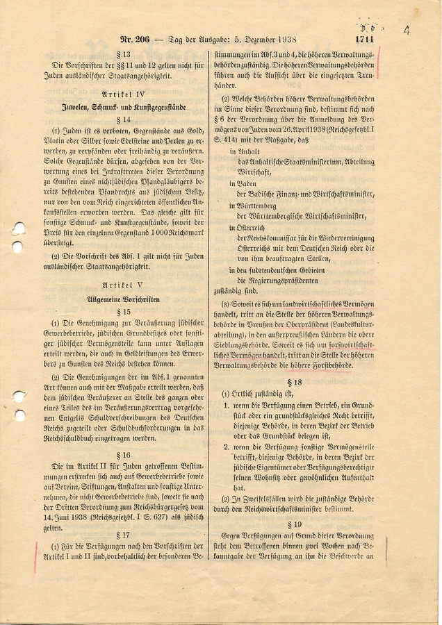 Verordnung über den Einsatz des jüdischen Vermögens, verfasst von Reichswirtschaftsminister Walther Funk und Reichsminister des Innern Frick, 3. Dezember 1938